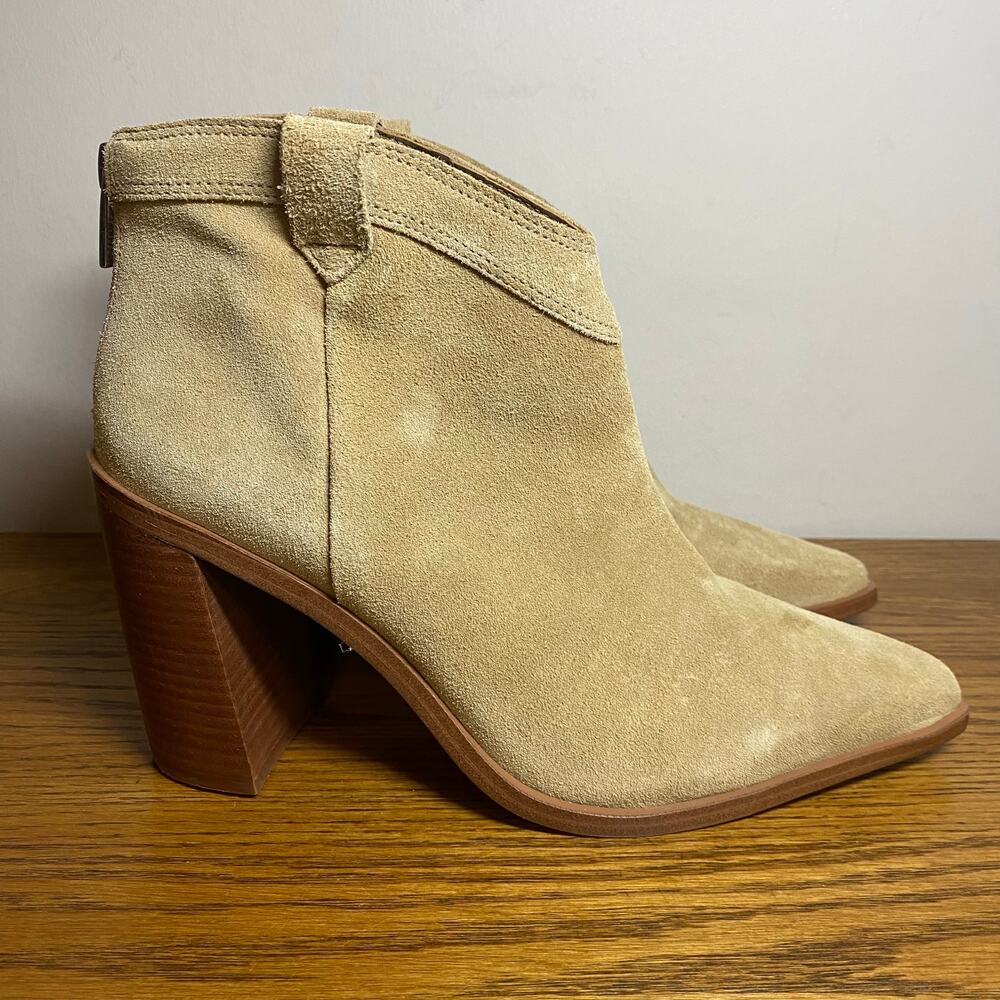 Vince Camuto Womens Size 9.5M 41 Taupe Suede Wellinda Booties Block Heel Zip